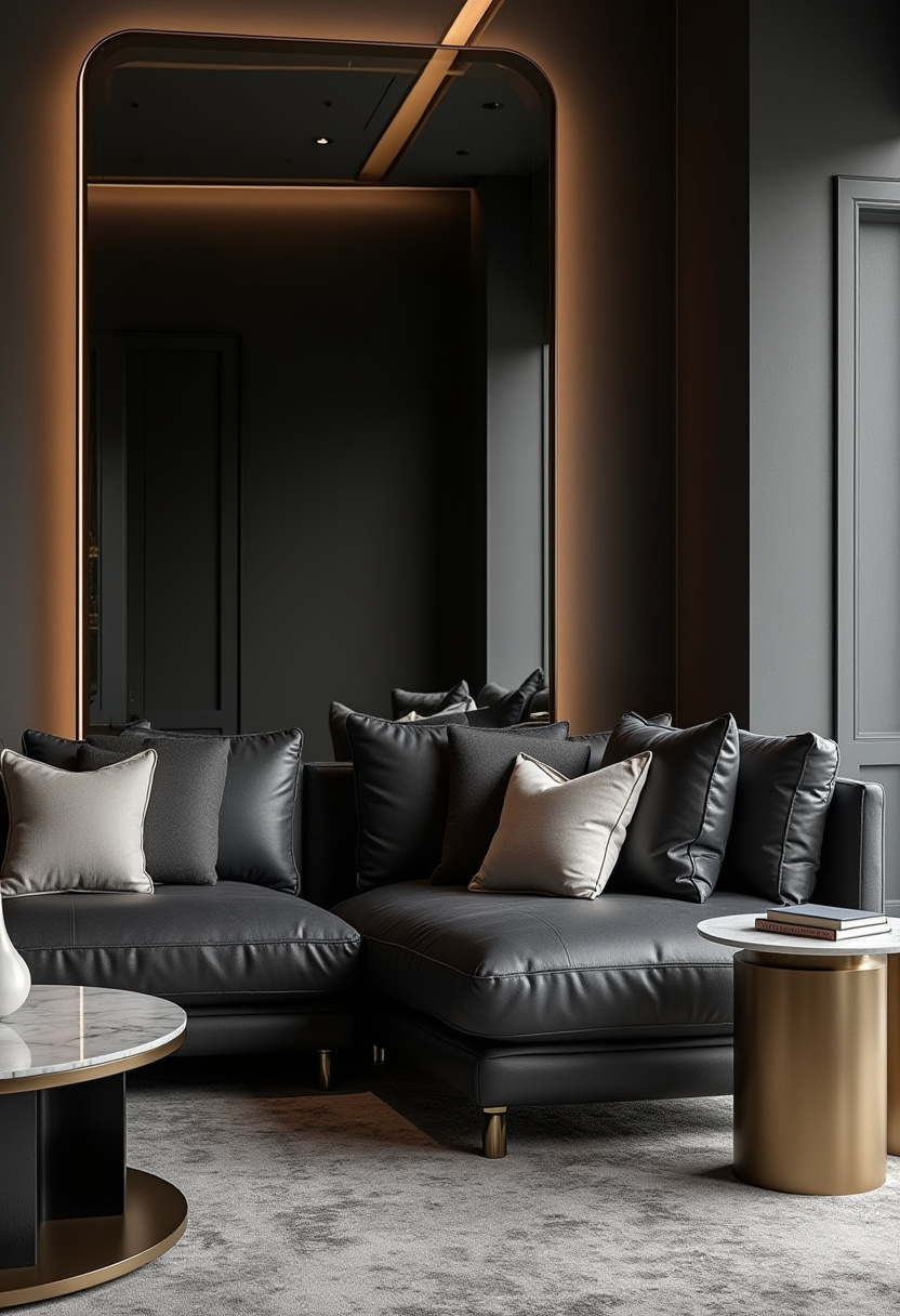 Step into sleek sophistication with this modern living room featuring a black leather sectional sofa styled with gray and beige pillows against a dramatic dark wall. A large mirror and a round marble coffee table with a gold base add luxe touches, creating a cozy yet stylish ambiance. Perfect for fans of modern glam decor, dark interior design, and luxury living spaces. Pin this chic look to elevate your home style!
#ModernLivingRoom #BlackLeatherSofa #LuxuryInteriors #DarkWallDecor #MarbleCoffeeTable #ModernGlam #CozyLivingSpaces #PinterestHomeDecor #ChicInterior