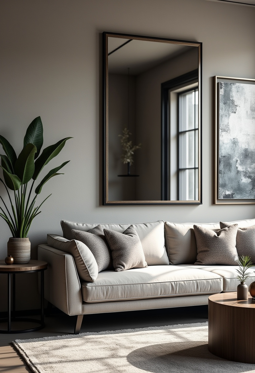 Elevate your space with this modern living room featuring a beige sofa dressed in gray pillows, a large rectangular mirror, and a round wooden side table topped with a lush plant. Abstract art and soft natural light complete the calming, minimalist vibe—perfect for fans of modern minimalist decor, neutral interiors, and serene living spaces. Pin this peaceful look to refresh your home with subtle elegance!
#ModernLivingRoom #MinimalistDecor #NeutralInteriors #CalmLivingSpace #AbstractArt #WoodenSideTable #NaturalLight #PinterestHomeIdeas #SereneHomeDesign