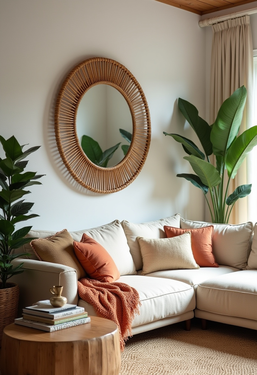 Bring warmth and style to your home with this cozy living room featuring a cream sectional sofa layered with orange and beige cushions. A round wicker mirror, lush houseplants, and a wooden coffee table complete the inviting, natural look—perfect for fans of boho chic decor, warm neutral interiors, and nature-inspired living spaces. Pin this beautiful setup to inspire your next home refresh!
#CozyLivingRoom #BohoChicDecor #NeutralInteriors #WickerMirror #HouseplantsDecor #WoodenCoffeeTable #WarmHomeVibes #PinterestHomeIdeas #StylishLivingRoom