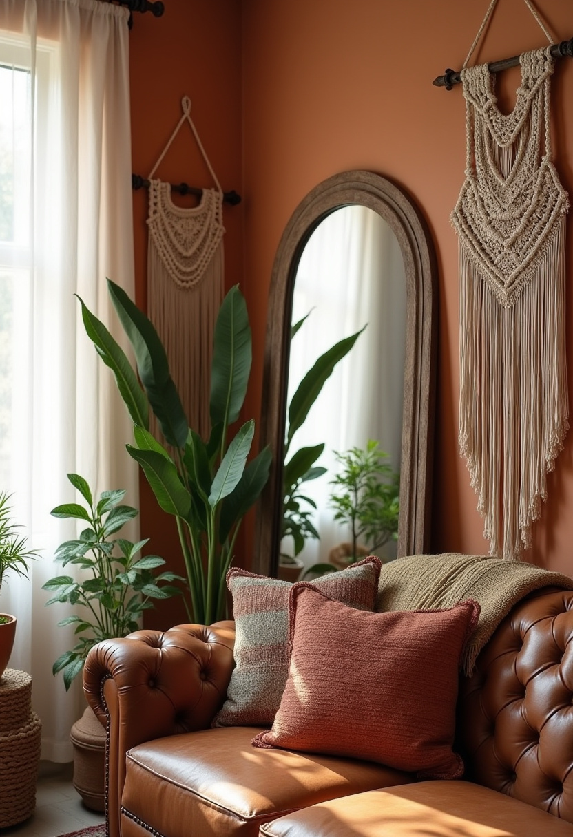 Craving a cozy, earthy retreat right at home? This sun-drenched space features a warm leather sofa, terracotta-toned pillows, lush green plants, macramé wall hangings, and a large mirror that adds depth and light—perfect for a calm, grounded ambiance. Ideal for those into boho home decor, earthy interior design, or natural living room inspiration. Pin this look to your dream home board and bring the warmth in!
#CozyHomeVibes #BohoDecorIdeas #EarthyInteriors #TerracottaTones #MacrameWallHanging #SunlitLivingRoom #NaturalHomeStyle #PinterestRoomGoals