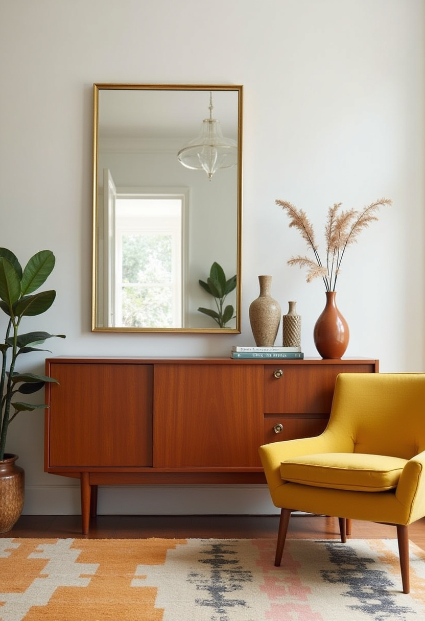 Step into timeless style with this warm and inviting mid-century modern room! Featuring a sleek wooden sideboard, a large mirror, a vibrant yellow chair, and earthy accents like potted plants, vases, and decorative grass, this space blends retro charm with natural elegance. Perfect for fans of vintage-inspired interiors, modern retro decor, or minimalist warm tones. Pin now to elevate your home with a touch of mid-century magic!
#MidCenturyModern #RetroHomeDecor #WarmMinimalism #VintageInteriors #ModernHomeStyle #DecorInspiration #YellowAccentChair #HomeDesignGoals #PinterestDecorIdeas