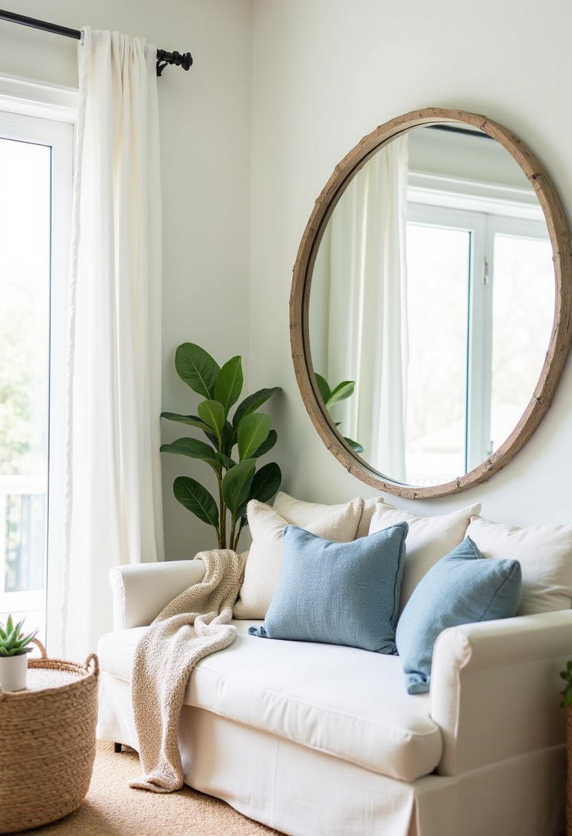 Dreaming of a bright and airy cozy living room? This fresh space features a crisp white sofa styled with blue cushions, a soft beige throw, a large round mirror, and a leafy green plant that brings in a touch of nature—perfect for relaxed, modern vibes. Ideal for lovers of minimalist decor, Scandinavian style, or neutral home inspiration. Save this pin for your next living room refresh!
#CozyLivingRoom #ScandiDecor #MinimalistHome #NeutralInteriors #WhiteSofaStyle #BlueAccentDecor #ModernLivingRoomInspo #PinterestHomeIdeas #AiryLivingSpace