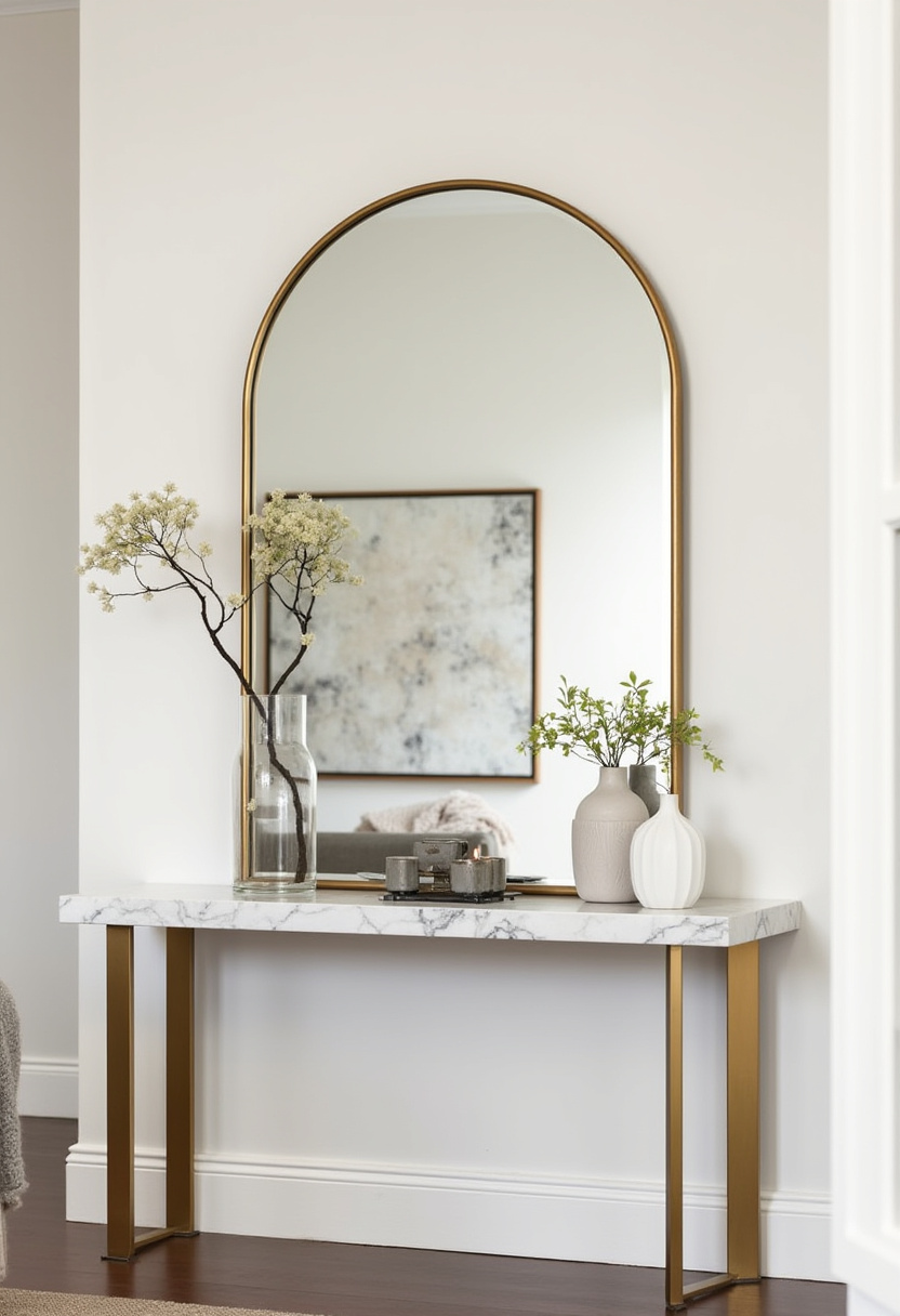 Make a stunning first impression with this elegant entryway decor idea! A sleek white marble table with gold legs, paired with a large arched mirror, creates a luxe focal point, while vases with branches and a small candle add soft, sophisticated charm. Perfect for fans of modern glam interiors, minimalist elegance, or chic home entryway styling. Pin now to elevate your home's welcome space!
#EntrywayDecor #ModernGlamStyle #MarbleTableInspo #ElegantHomeIdeas #ChicEntryway #MinimalistInterior #ArchedMirrorStyle #HomeStylingInspo #PinterestDecorGoals