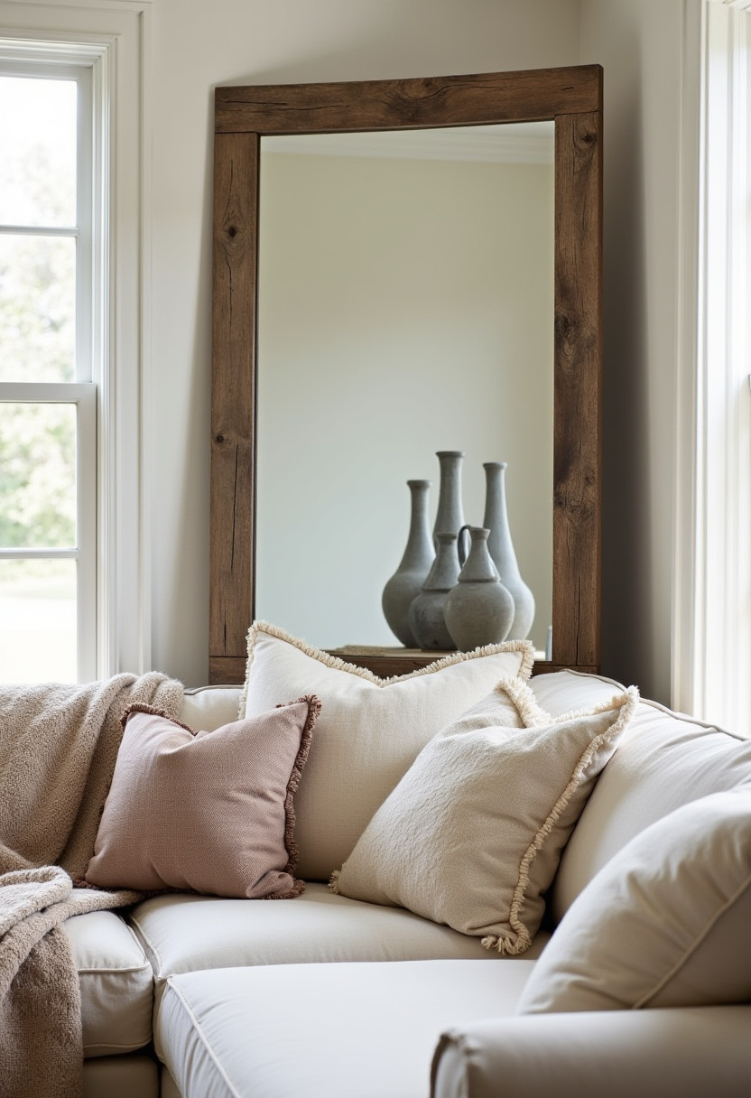 Create a serene escape with this cozy living room design featuring a beige sectional sofa layered with soft pillows and a large rustic mirror reflecting three elegant vases—adding depth and a peaceful vibe. Ideal for lovers of neutral home decor, rustic elegance, and tranquil interior design. Save this pin for warm, calming living room inspiration!
#CozyLivingRoom #NeutralHomeDecor #RusticInteriors #TranquilSpaces #BeigeSofaStyle #RusticMirrorDecor #CalmHomeVibes #LivingRoomInspo #PinterestHomeDecor