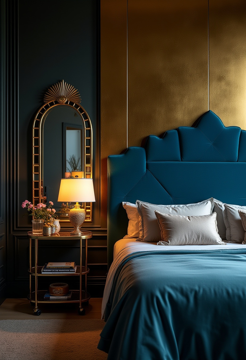 10. Transform your bedroom into a serene sanctuary with this elegant design featuring a blue upholstered bed and a stunning gold accent wall. The ornate mirror adds a touch of sophistication, while a cozy lamp and fresh flowers on the side table create a warm, inviting atmosphere. Whether you're redecorating or designing your dream space, this luxurious bedroom style offers the perfect blend of comfort and glamour. Explore more home decor inspiration and start creating your own dream bedroom today! #ArtDecoStyle #GlamInteriors #VintageGlam #DecoDesign #LuxuryDecor