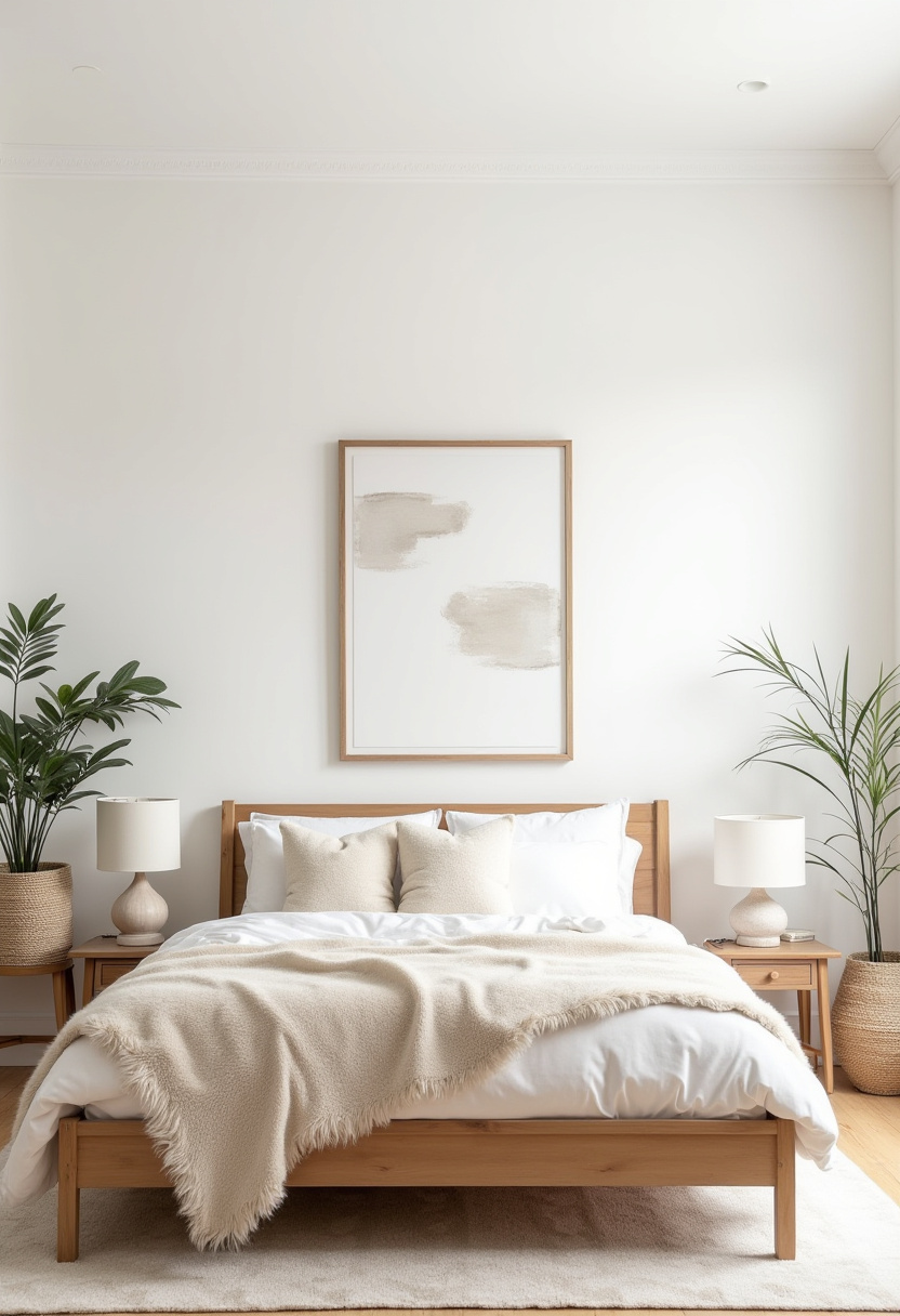 11. Create a peaceful retreat with this minimalist bedroom design featuring a sleek wooden bed, cozy beige blanket, and crisp white pillows. The soft, calming colors, paired with the natural touch of potted plants and stylish lamps, bring serenity to your space. The abstract art on the wall enhances the modern vibe, making it perfect for anyone seeking a calming, clutter-free environment. Ready to refresh your bedroom? Discover more minimalist bedroom ideas for a tranquil and stylish home! #ScandinavianStyle #SereneSpaces #NordicDesign #CalmInteriors #ScandiDecor