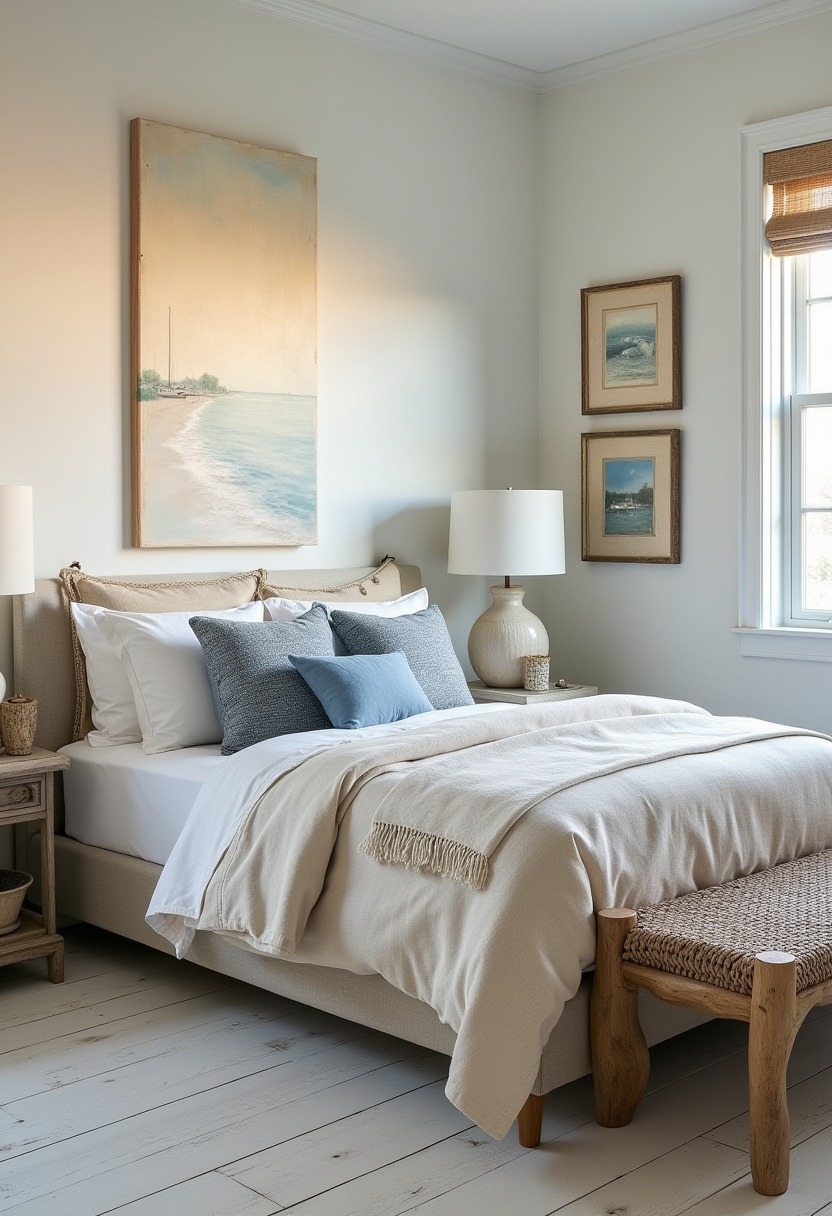 12. Transform your bedroom into a serene haven with this cozy, beige-and-white color scheme. The large seascape painting above the bed adds a touch of tranquility, while the blue accent pillows and soft throw blankets create a relaxing, inviting atmosphere. With natural light pouring in and framed photos enhancing the charm, this space is perfect for unwinding. Ready to make your bedroom a calming retreat? Explore more cozy bedroom ideas and start creating your own peaceful sanctuary today! #CoastalLiving #BeachHouseDecor #OceanVibes #CoastalStyle #SeasideHome