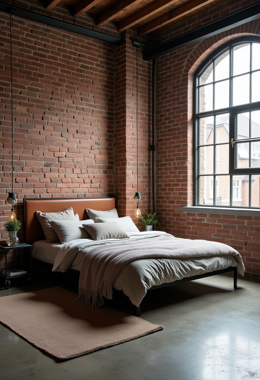 13. Embrace industrial charm in your loft bedroom with exposed brick walls and stunning wooden beams. The cozy bed with neutral-toned bedding, hanging lights, and soft rug create a warm, inviting space perfect for relaxation. The large arched window floods the room with natural light, adding to the airy, open feel. Looking to elevate your loft style? Discover more loft bedroom ideas and start designing your dream space today! #IndustrialStyle #LoftDecor #UrbanEdge #RawInteriors #IndustrialChic