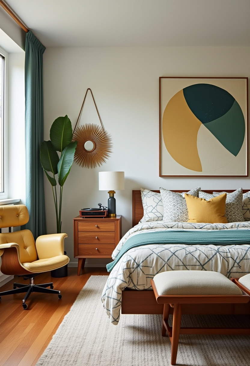 15. Step into a modern bedroom with a mid-century feel, where a wooden bed and abstract art set the tone for a stylish, cozy space. The mustard chair adds a pop of color, while the green plant brings a touch of nature, and the sunburst mirror elevates the room’s charm. Perfect for those who love blending contemporary style with warm, inviting decor. Ready to redesign your bedroom? Discover more mid-century modern bedroom ideas and start creating your perfect retreat today! #MidCenturyModern #ModernFusion #RetroStyle #ClassicDesign #MidModDecor