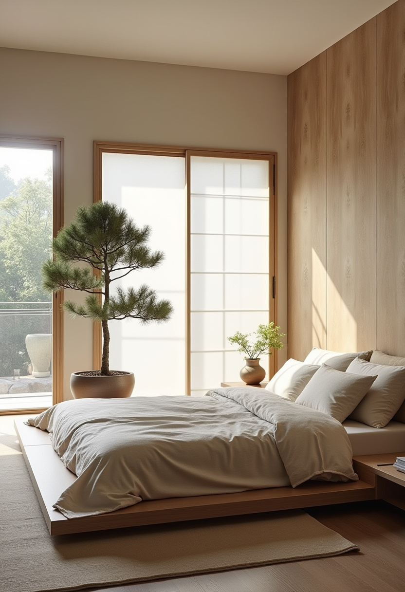 16. Transform your bedroom into a tranquil retreat with this minimalist design, featuring a low platform bed and soft beige linens. The potted bonsai tree and shoji screen add a touch of Zen, creating a serene, peaceful ambiance perfect for unwinding. This calming, clutter-free space is ideal for anyone seeking a relaxing atmosphere. Ready to embrace minimalist bedroom style? Explore more ideas for creating your own Zen-inspired sanctuary today! #ZenLiving #MinimalistZen #PeacefulInteriors #CalmSpaces #SimpleDecor