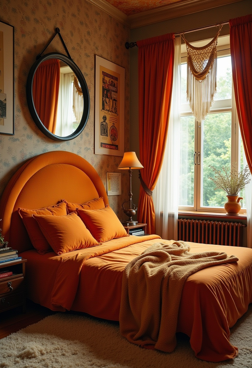 17. Bring warmth and personality into your space with this cozy bedroom that exudes a retro vibe. The vibrant orange bed with matching pillows, vintage posters, and a round mirror create a nostalgic yet stylish look, while the orange curtains and large window flood the room with natural light. Perfect for those who love adding bold color and vintage charm to their decor. Ready to recreate this inviting space? Explore more retro bedroom ideas and start transforming your room today! #Retro70s #VintageVibes #70sStyle #ThrowbackDecor #RetroInterior