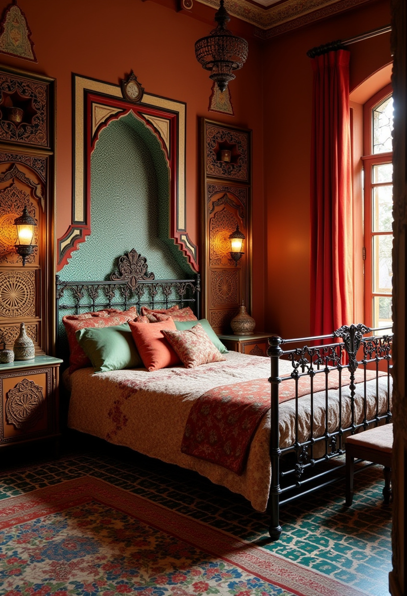 18. Create a cozy and inviting bedroom with an ornate wrought iron bed, colorful pillows, and a patterned rug that adds texture and charm. The warm lighting and intricate wall designs enhance the room's cozy ambiance, perfect for relaxing after a long day. This space combines style and comfort, ideal for anyone looking to elevate their bedroom decor. Ready to add warmth and character to your bedroom? Discover more cozy bedroom ideas and start designing your dream space today! #MoroccanDecor #ExoticInteriors #MoroccanStyle #BohoMagic #ColorfulDesign