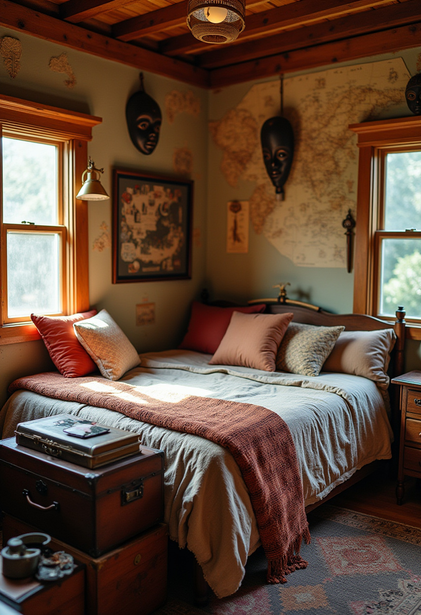 20. Transform your bedroom into a cozy retreat with this warm and inviting design featuring a wooden bed layered with beige and rust-colored blankets. The sunlit wooden accents, travel decor, and tribal masks add character and create a unique, adventurous ambiance. This space is perfect for those looking to blend comfort with a touch of global flair. Ready to bring warmth and personality to your room? Explore more cozy bedroom ideas and start creating your dream escape today! #GlobalStyle #TravelerHome #EclecticDecor #WorldInspired #BohoTraveler