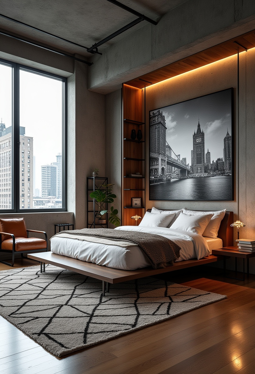 3. Elevate your space with this modern bedroom design that blends clean lines and cozy vibes effortlessly. The minimalist bed, leather chair, and geometric rug create a sleek yet inviting look, while the black-and-white cityscape photo adds a touch of urban sophistication. Perfect for fans of minimalist interior design, contemporary decor, or masculine bedroom ideas, this setup balances style and comfort. 🖤 Inspired? Pin this look to start curating your dream modern sanctuary! #UrbanLoft #LoftLiving #ChicInteriors #CityStyle #ModernLoft