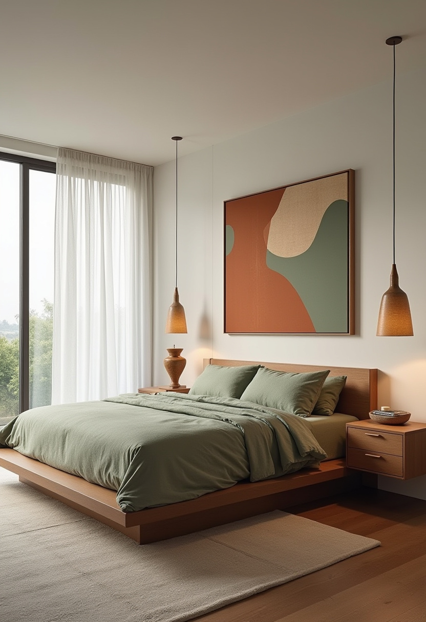 4. Breathe serenity into your space with this modern bedroom featuring soothing sage green bedding and clean, minimalist design. Wood accents, pendant lights, and sheer curtains create a soft, airy vibe, while large abstract art adds a bold focal point—perfect for fans of scandinavian decor, neutral interiors, or minimalist bedroom ideas. This design effortlessly blends style and tranquility, making it ideal for your next bedroom refresh. 🌿 Love this calm, curated look? Save it now for your home inspiration board! #MinimalistLiving #ZenVibes #SimpleLiving #CalmSpaces #MinimalDesign