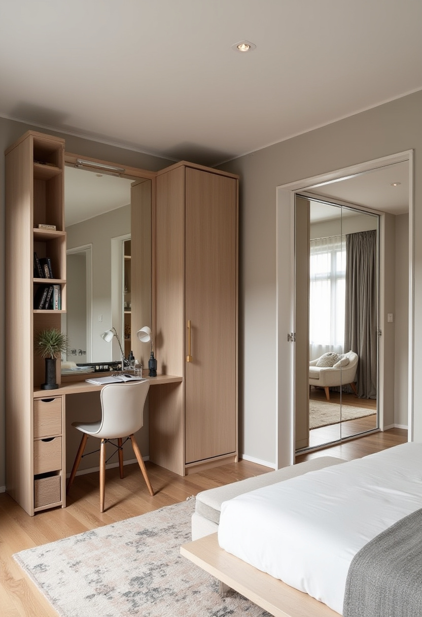 6. Turn your space into a peaceful retreat with this modern bedroom design featuring sleek wood furniture and soft, neutral tones. A functional desk and chair, mirror, and open shelves make it perfect for combining bedroom workspace ideas, minimalist decor, and cozy interior design. The warm lighting enhances the serene vibe—ideal for both productivity and relaxation. 🌙 Love this calm and stylish setup? Pin it now to inspire your next bedroom refresh! #SmallSpaceLiving #MultifunctionalDesign #CompactLiving #SmartSpaces #TinyHomeIdeas