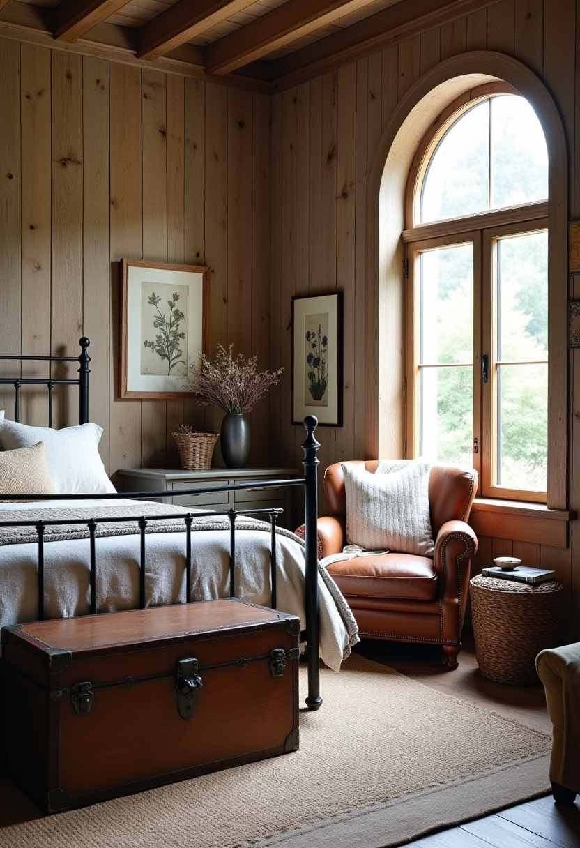 7. Embrace the warmth of a cozy bedroom with charming rustic touches and nature-inspired decor. The wooden walls, metal bed, and leather armchair create a perfect blend of farmhouse style, rustic interior design, and cabin-inspired comfort. Framed botanical prints and dried flowers add a soft, organic feel, while the arched window brings in beautiful natural light. 🌿 Love this inviting vibe? Save this pin for your next rustic bedroom makeover! #RusticDecor #BarnStyle #CountryLiving #FarmhouseCharm #RusticInteriors