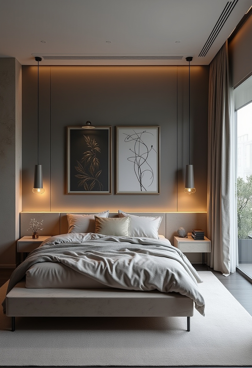 8. Create a calm escape with this modern bedroom that radiates serenity through soft lighting and a soothing color palette. The neatly made bed with gray and white linens, abstract wall art, and elegant pendant lights offers the perfect mix of minimalist design, neutral bedroom decor, and contemporary style. Ideal for anyone seeking a peaceful, clutter-free retreat. 🛏️ Feeling inspired? Save this look to plan your next bedroom refresh! #ModernMinimalism #CleanDesign #SleekInteriors #MinimalDecor #ContemporaryStyle