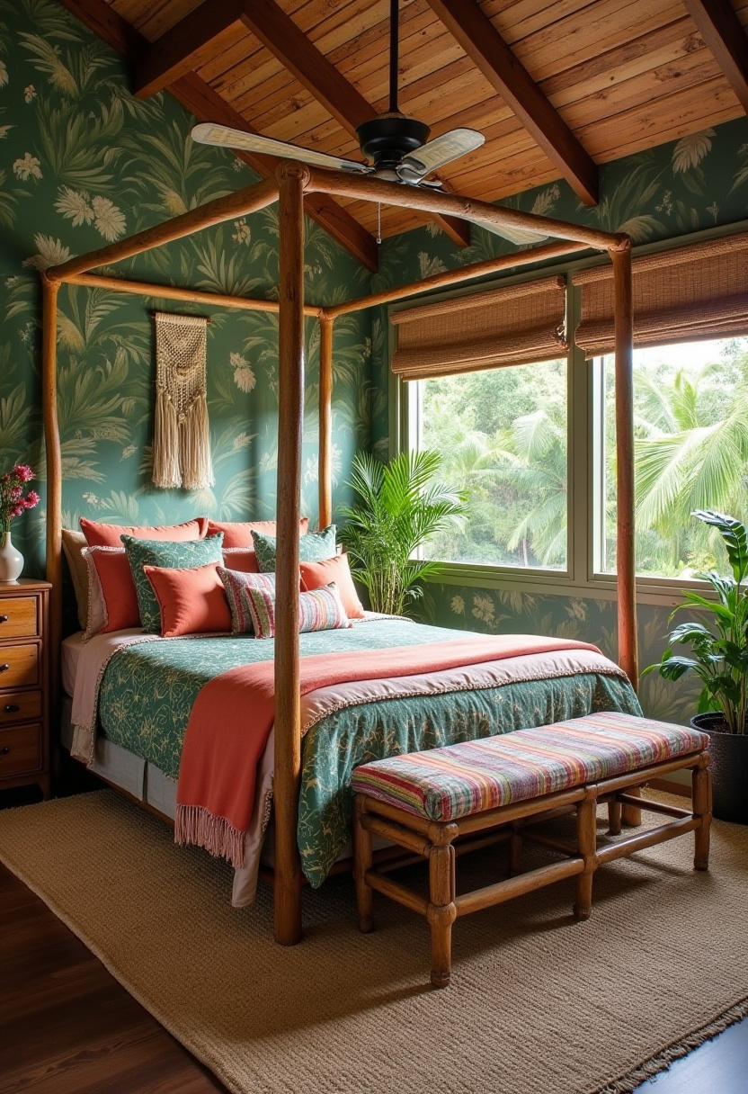 9. Bring vacation vibes home with this cozy bedroom featuring a stunning four-poster bed and bold tropical wallpaper. Coral and teal bedding adds a vibrant pop of color, while lush plants and a woven wall hanging complete the perfect mix of boho style, tropical bedroom decor, and relaxed interior design. This dreamy setup is ideal for creating your own personal paradise. 🌴 Love this look? Pin it now for your next bedroom makeover inspiration! #TropicalDecor #OasisVibes #IslandStyle #TropicalLiving #ExoticInteriors