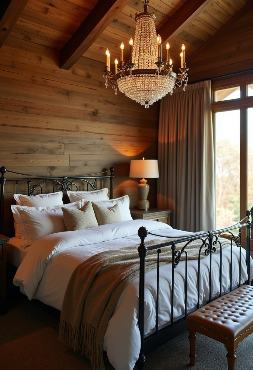 10. Elevate your space with this luxurious bedroom that beautifully blends rustic charm and refined elegance. The wooden accent wall, elegant metal bed, and plush white bedding create a cozy yet upscale vibe, enhanced by the glow of warm lighting and a sparkling crystal chandelier. Perfect for lovers of modern rustic decor, cozy bedroom ideas, and high-end interior design, this look adds both style and serenity to your home. Save this pin for your next bedroom transformation or share it with someone who loves elegant, inviting spaces!
#luxuriousbedroom #modernrusticdecor #woodaccentwall #cozybedroominspo #elegantinteriors #bedroomdesignideas #chandelierdecor #pinteresthomedecor