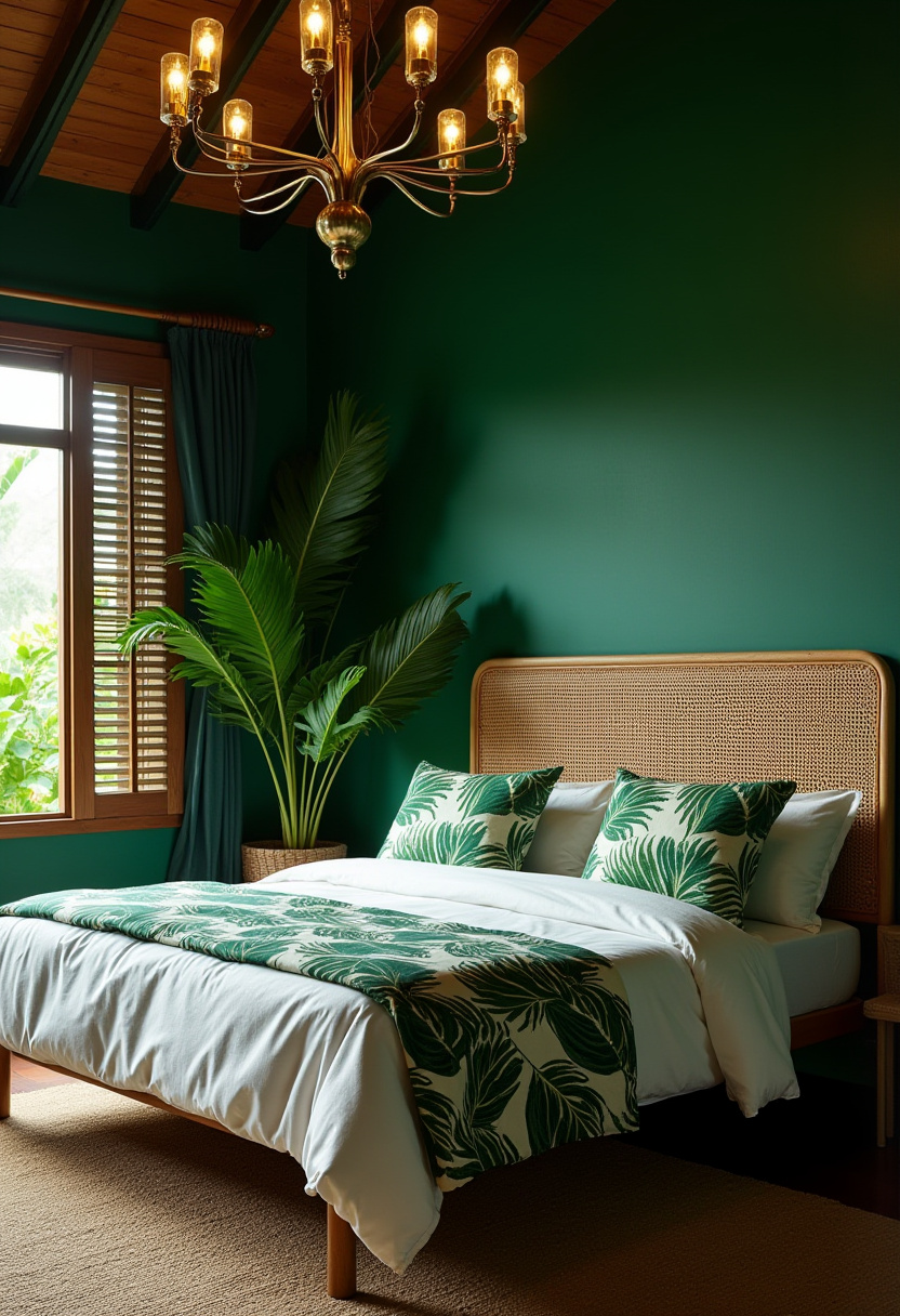 Step into a serene retreat with this elegant bedroom featuring stunning emerald green walls and a natural wood bed that brings warmth and charm. The tropical leaf-patterned bedding and lush plants add a refreshing touch of nature, perfectly blending with the ornate chandelier to create a luxurious yet calming atmosphere. If you’re looking for tropical bedroom ideas or cozy home decor inspiration, this design will spark your creativity. Pin this to elevate your bedroom style today!
#ElegantBedroom #EmeraldGreenWalls #TropicalBedroomDecor #NaturalWoodFurniture #CozyHomeInspo #LuxuryBedroomIdeas #IndoorPlantsDecor