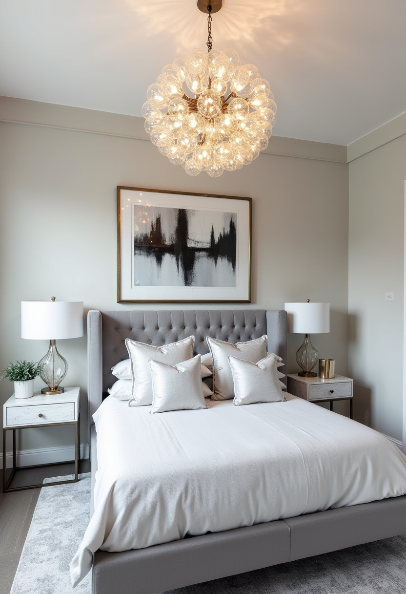 14. Create a serene and sophisticated sanctuary with this elegant bedroom featuring a tufted grey bed and crisp white bedding that invites relaxation. Silver pillows and a modern chandelier add a touch of glamour, while carefully chosen art and stylish lamps complete the perfect modern bedroom decor. If you’re searching for chic bedroom ideas or cozy interior inspiration, this design is a must-see. Save it now for your next home refresh!
#ElegantBedroom #TuftedBed #ModernBedroomDecor #CozyBedroomIdeas #ChicInteriorDesign #LuxuryBedroom #HomeDecorInspo