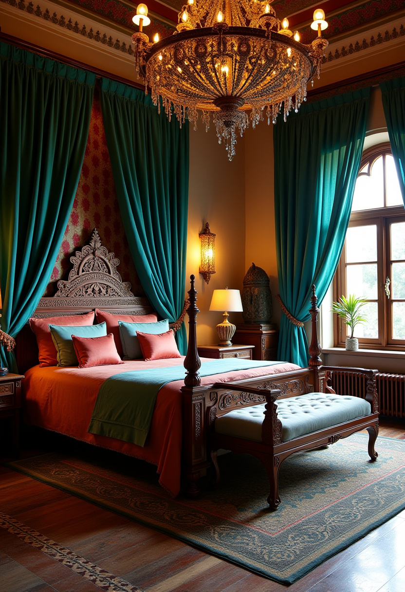 15. Transform your space with this luxurious bedroom showcasing ornate wooden furniture and rich teal curtains that add a bold yet elegant touch. The earth-toned bedding paired with a lavish chandelier creates a warm, opulent atmosphere perfect for anyone seeking classic bedroom decor and sophisticated home design ideas. Ready to elevate your bedroom style? Save this beautiful inspiration for your next makeover!
#LuxuriousBedroom #OrnateFurniture #TealCurtains #ClassicBedroomDecor #OpulentHomeDesign #CozyBedroomIdeas #ElegantInteriors