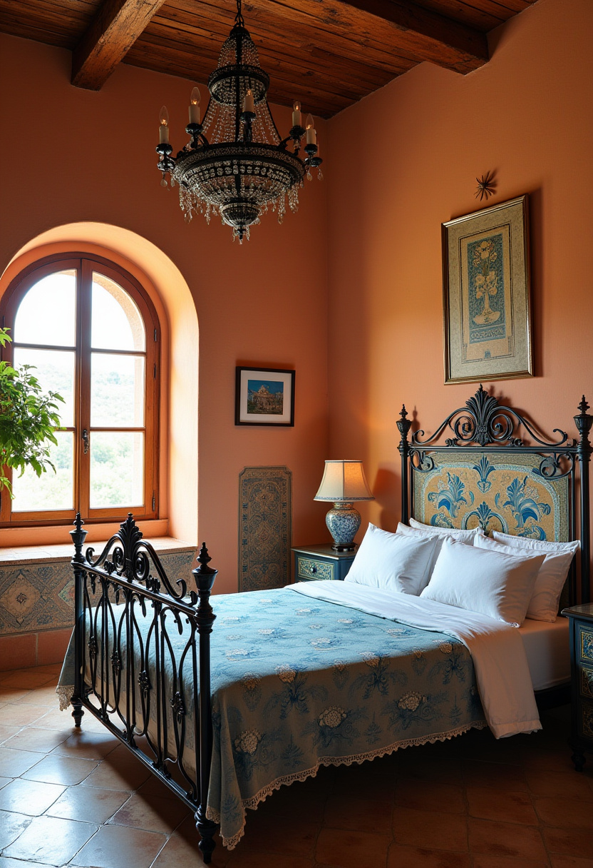 17. Create a cozy retreat with this charming bedroom featuring a wrought iron bed and a soft floral quilt that instantly warms the space. Warm peach walls, a large arched window, and an elegant chandelier come together to evoke a tranquil and inviting atmosphere, perfect for those who love vintage bedroom decor and peaceful home vibes. Ready to transform your bedroom into a serene haven? Save this inspiring idea for your next refresh!
#CozyBedroom #WroughtIronBed #VintageBedroomDecor #FloralQuilt #TranquilHome #BedroomInspiration #ElegantInteriors