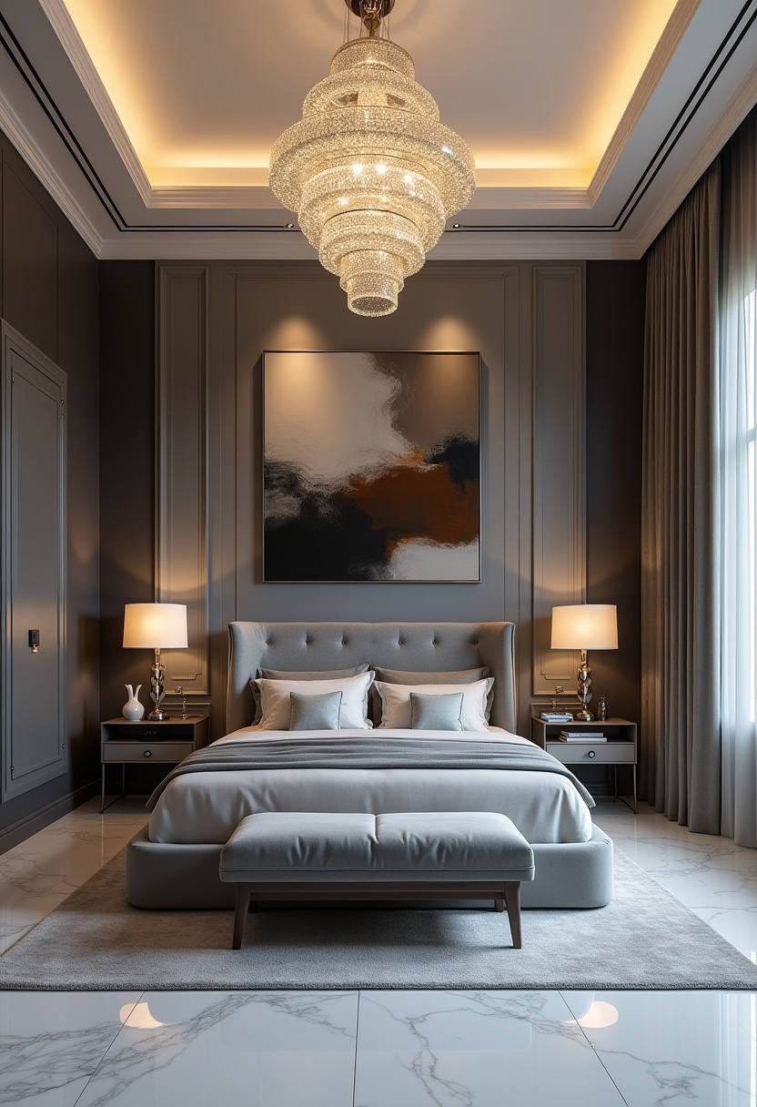 18. Elevate your space with this luxurious bedroom featuring a plush gray bed and striking abstract wall art that adds a modern touch. Warm lighting from elegant table lamps and a sophisticated chandelier creates the perfect cozy ambiance for relaxing evenings. If you love chic bedroom decor and cozy home vibes, this design is sure to inspire your next makeover. Save it now for stylish bedroom ideas!
#LuxuriousBedroom #PlushBed #AbstractWallArt #CozyLighting #ChicBedroomDecor #SophisticatedInteriors #HomeDecorInspo