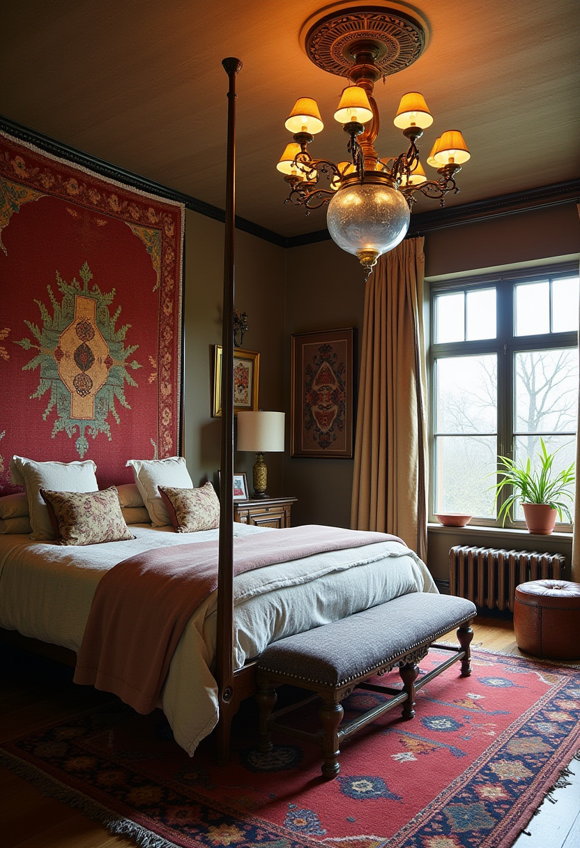 19. Step into this cozy bedroom featuring a stunning four-poster bed with layered bedding and plush pillows that invite ultimate comfort. Warm lighting from an ornate chandelier beautifully highlights vintage decor and a vibrant red-patterned rug, while beige curtains and lush potted plants bring in natural light and a welcoming, homely vibe. If you’re searching for charming vintage bedroom ideas or cozy home decor inspiration, this space is a perfect match. Save it now for your next bedroom refresh!
#CozyBedroom #FourPosterBed #VintageBedroomDecor #LayeredBedding #ChandelierLighting #HomeDecorInspo #NaturalLightIdeas