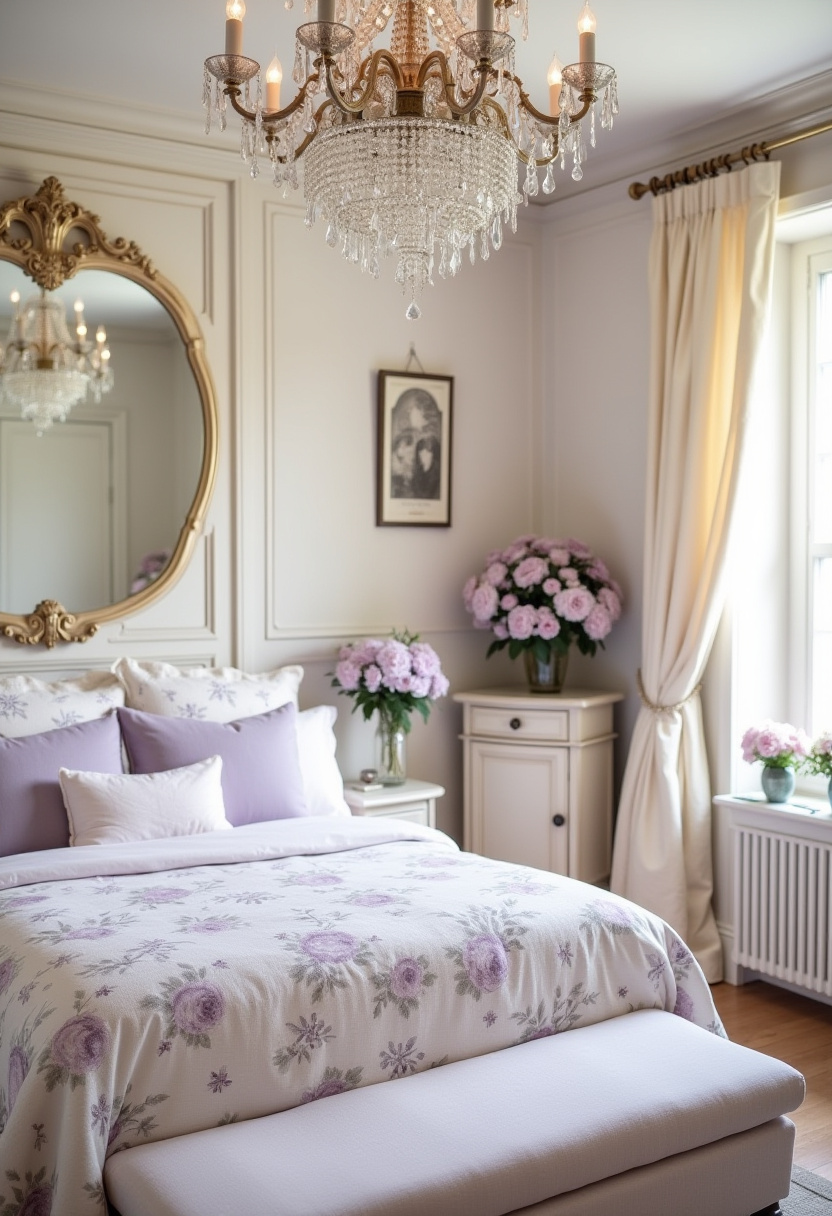 20. Create a serene and elegant bedroom with a plush lavender bedspread and delicate floral pillows that add a soft, inviting touch. A sparkling crystal chandelier and cream-colored walls bathed in gentle light perfectly complement fresh hydrangeas, creating a cozy and peaceful ambiance. If you love calming bedroom decor and floral design ideas, this space will inspire your next makeover. Save it now for beautiful bedroom inspiration!
#ElegantBedroom #LavenderBedroom #CozyBedroomDecor #CrystalChandelier #FloralDecor #SereneInteriors #BedroomInspiration