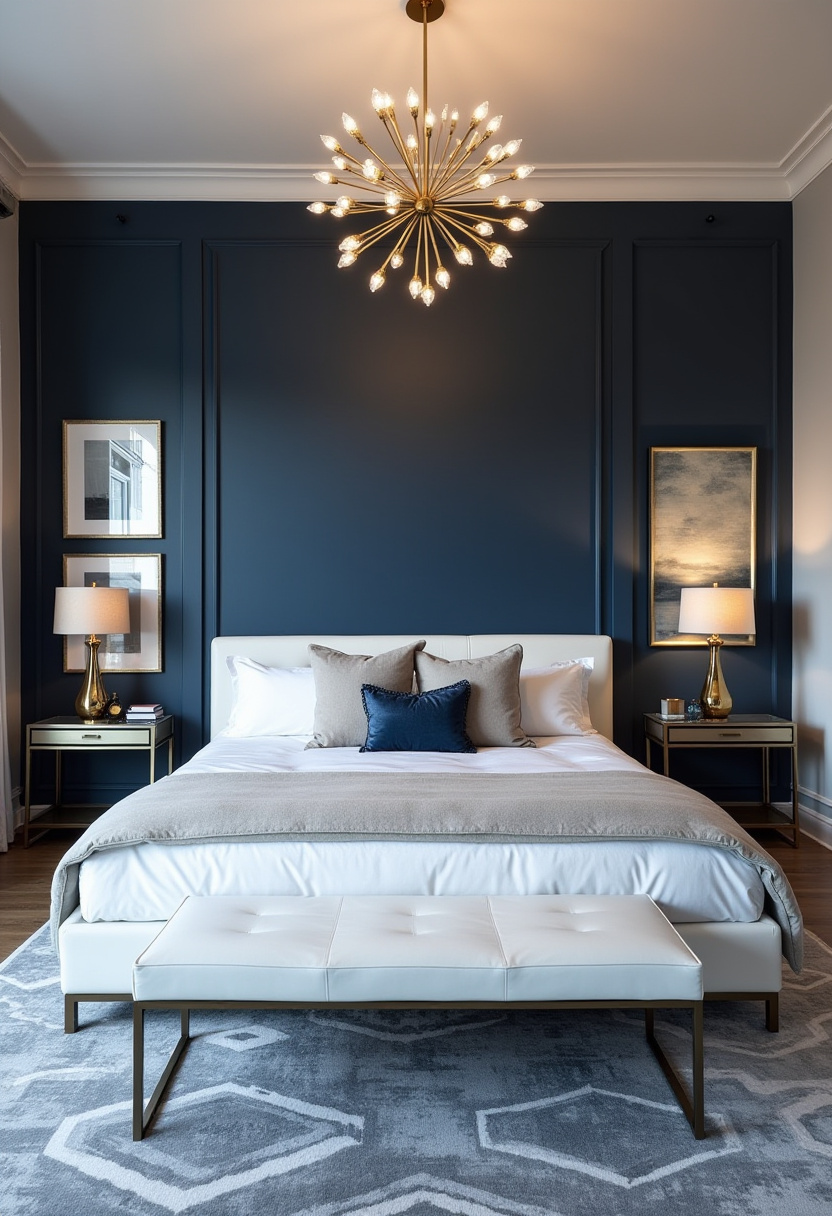 3. Transform your space with this elegant bedroom featuring a striking navy accent wall and a modern chandelier that adds instant sophistication. The neatly made bed in calming neutral tones, paired with gold lamps and abstract wall art, offers the perfect blend of modern bedroom decor and cozy interior design. Ideal for fans of luxury bedroom ideas and bold accent walls, this look balances style and serenity beautifully. Pin it now to inspire your next bedroom refresh or share it with someone who loves refined, modern spaces!
#elegantbedroom #modernbedroomdecor #accentwallideas #bedroominspo #luxuryinteriors #cozybedroomstyle #pinteresthomeideas #homedecorinspiration