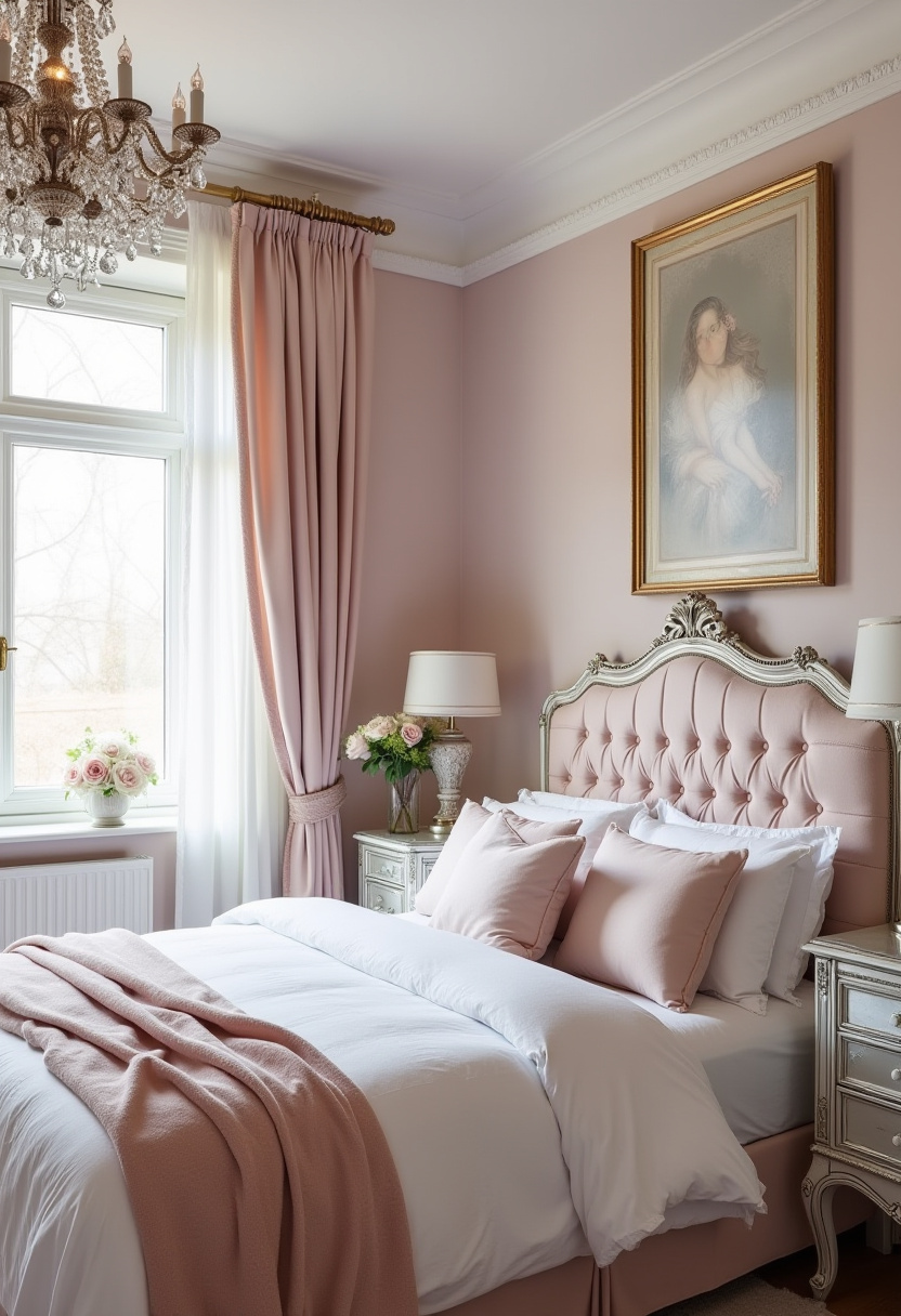4. Add a touch of romance to your space with this elegant bedroom featuring soft blush pink walls and dreamy decor. The tufted bed, plush pillows, and sparkling chandelier create a serene and stylish retreat, while the portrait and ornate nightstands add a layer of feminine bedroom charm. Perfect for fans of romantic bedroom ideas, soft color palettes, and luxury bedroom decor, this look brings warmth and sophistication to any home. Save this for your next bedroom makeover or share it with someone who loves cozy elegance!
#elegantbedroom #blushpinkdecor #romanticbedroom #feminineinteriors #bedroominspo #luxurybedroomideas #softcolorpalette #pinterestdecor