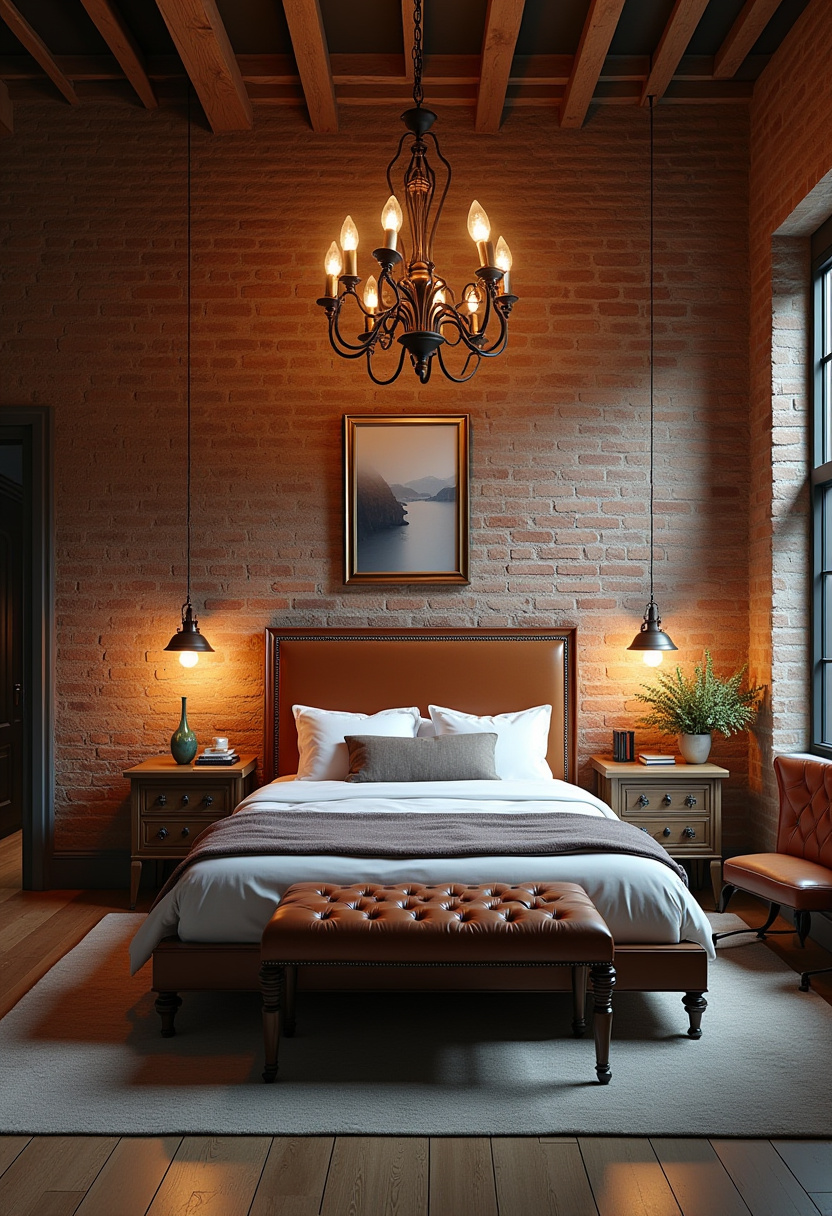 5. Bring bold character to your space with this elegant bedroom that combines rustic charm and modern style. The exposed brick walls, large cozy bed, black chandelier, and warm lighting create the perfect mix of industrial bedroom decor and contemporary elegance. With a leather bench and thoughtful touches, this room is ideal for lovers of urban bedroom design, cozy interiors, and masculine decor styles. Save this pin for your next bedroom makeover or share it with someone who loves warm, stylish spaces!
#elegantbedroom #industrialdecor #brickwallbedroom #cozyinterior #urbanbedroomdesign #modernbedroomideas #masculinedecor #pinteresthomeinspo