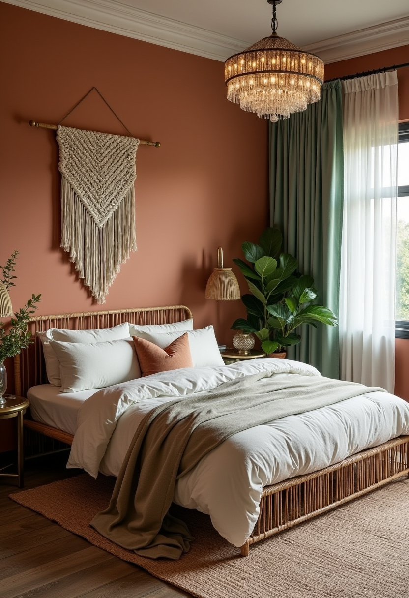 6. Warm up your space with this cozy bedroom featuring a rich terracotta accent wall and earthy, inviting details. The wooden bed, crisp white bedding, and lush green plants create the perfect balance of boho bedroom vibes, natural decor, and modern rustic style. Accented with a sleek chandelier and macrame wall art, this space is ideal for anyone looking for relaxing bedroom inspiration with a touch of personality. Pin it now for your next boho-chic bedroom makeover or share it with a fellow decor lover!
#cozybedroom #bohobedroomdecor #terracottawall #modernrustic #bedroominspo #earthytoneinterior #naturaldecor #pinteresthomedecor