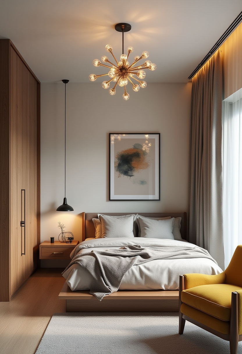 7. Add a pop of personality to your space with this modern bedroom that blends sleek design with cozy comfort. Featuring a stylish wooden bed, bold abstract wall art, and a vibrant yellow accent chair, this space is perfect for fans of contemporary bedroom ideas, colorful home decor, and minimalist interiors with flair. The elegant starburst chandelier adds a touch of glam, making this room both functional and eye-catching. Save this pin for your next bedroom refresh or share it with someone who loves modern, creative spaces!
#modernbedroom #bedroomdecorideas #colorfulinteriors #minimalistbedroom #abstractartdecor #bedroominspo #starburstchandelier #pinteresthomestyle