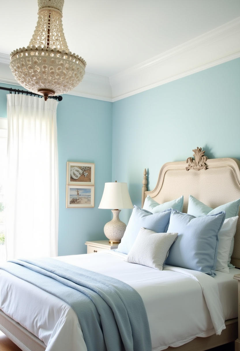 8. Embrace calm and sophistication with this elegantly decorated bedroom featuring soft blue walls and a beige upholstered headboard that exude timeless charm. The crisp white bedding, accented with light blue pillows, pairs beautifully with the grand chandelier to create a serene and polished look. Perfect for those seeking tranquil bedroom ideas, classic home decor, and soft color palettes for a peaceful retreat. Save this dreamy design for your next bedroom refresh or share it with someone who loves elegant, calming spaces!
#elegantbedroom #classicbedroomdecor #softbluewalls #neutralbedroom #tranquilinteriors #bedroominspo #chandelierdecor #pinteresthomedecor
