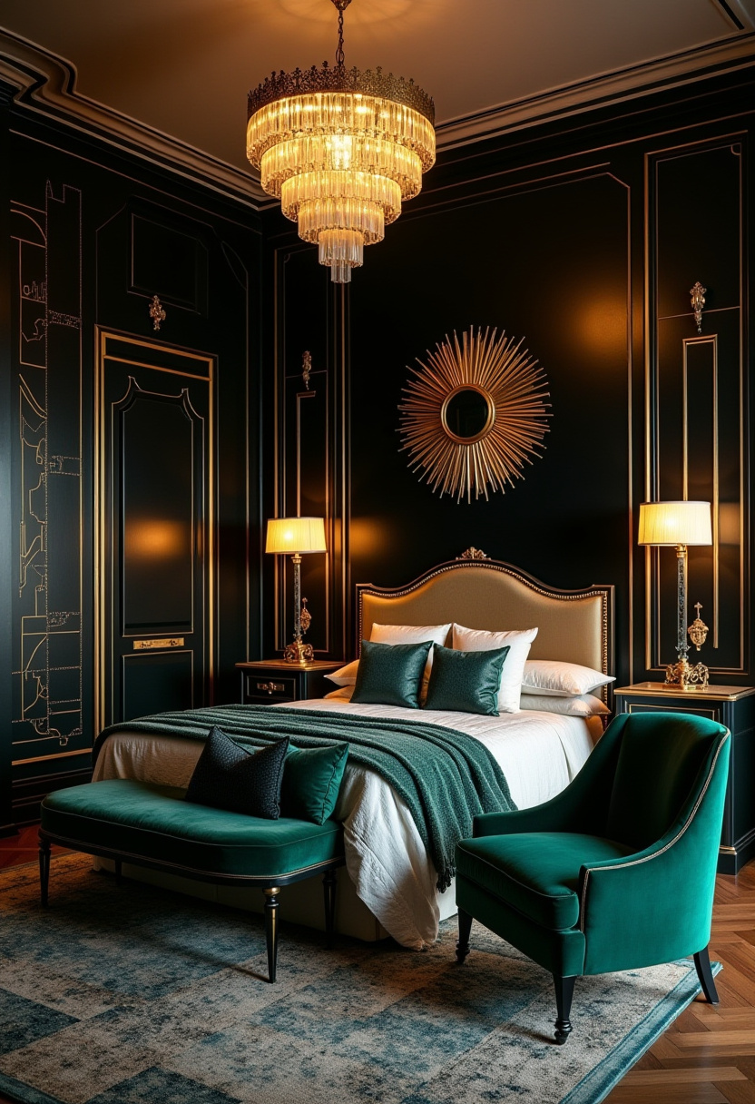 9. Make a bold statement with this luxurious bedroom featuring rich dark walls, striking gold accents, and sophisticated furniture that radiate elegance. The stunning chandelier and sunburst mirror add just the right touch of opulence, making this space perfect for fans of glam bedroom ideas, moody interiors, and high-end home decor. This design blends drama and warmth for a truly upscale retreat. Pin it now for your next luxury bedroom makeover or share it with someone who loves bold, refined spaces!
#luxuriousbedroom #moodyinteriors #glambedroom #darkwalldecor #goldaccents #elegantbedroomdesign #bedroominspo #pinterestluxurydecor