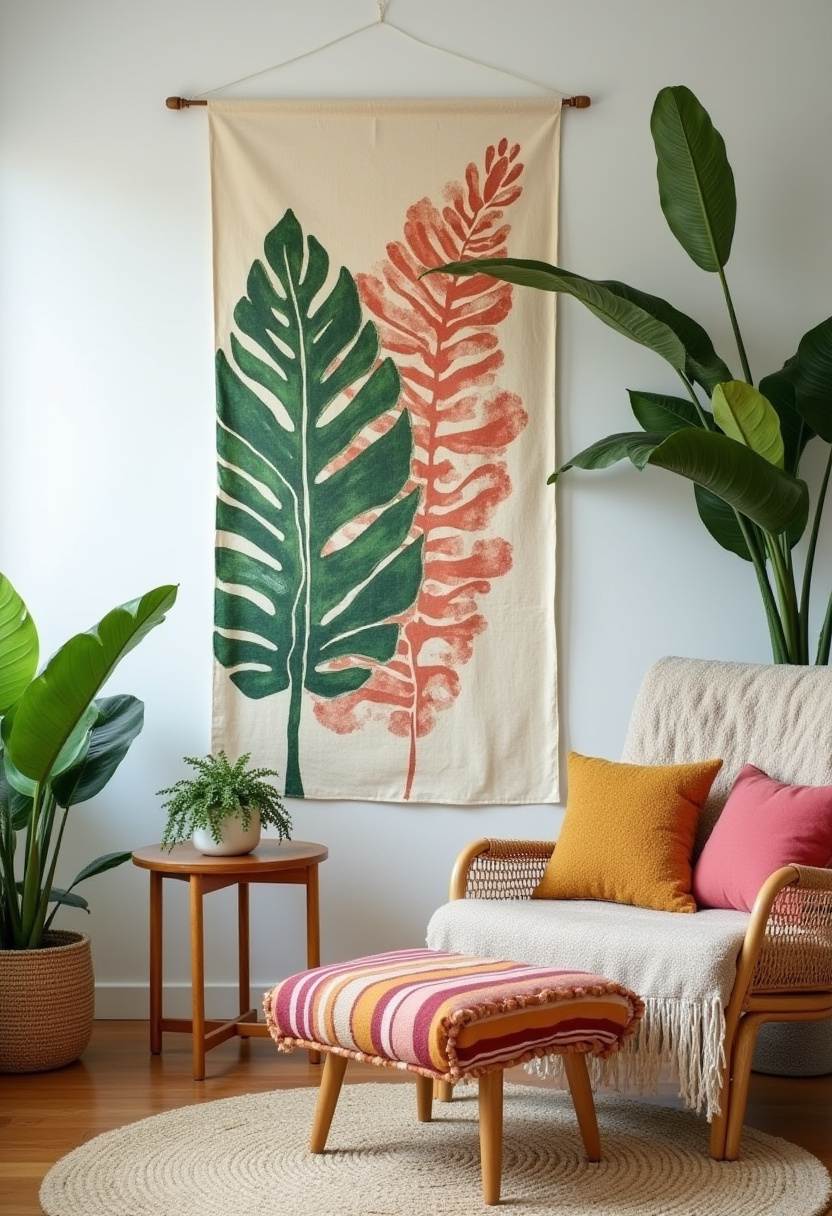 10. Create a cozy living room oasis with a stunning large leaf tapestry in vibrant green and coral hues that instantly brightens your space. Paired with a charming wicker chair, colorful cushions, a striped footstool, and lush potted plants, this setup blends natural textures and lively patterns for a warm, inviting vibe. Ready to refresh your home with cozy, nature-inspired decor? Pin this look for easy inspiration to transform your living area today!
#CozyLivingRoom #LeafTapestry #WickerChair #BohoDecor #IndoorPlants #HomeInspiration
