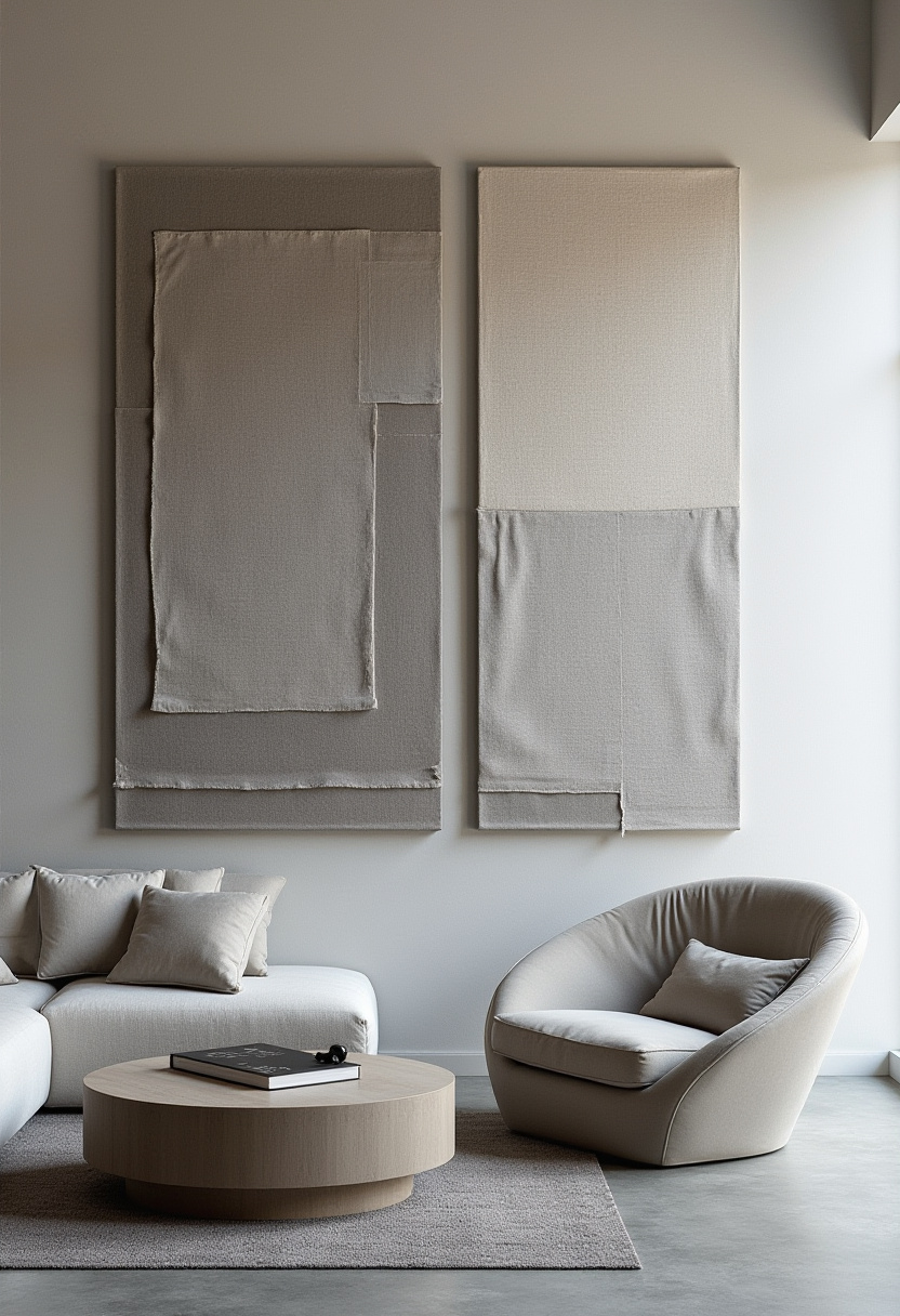 11. Elevate your space with minimalist living room ideas that showcase a soothing beige palette and clean, modern lines. This cozy setup features a cream sofa, a stylish round chair, natural wood coffee table, and elegant abstract fabric wall panels—perfect for creating a calm and inviting atmosphere. Want to simplify your decor while keeping it chic? Pin this minimalist inspiration to refresh your home effortlessly!
#MinimalistLivingRoom #BeigeDecor #AbstractWallArt #CozyHome #ModernLivingRoom