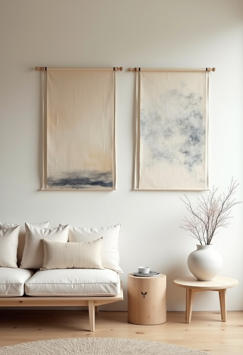12. Create a calm and stylish space with minimalist living room ideas featuring neutral-toned abstract wall hangings and a cozy cream sofa with plush cushions. This serene setup is perfectly complemented by a round wooden table and a simple vase with natural branches, bringing subtle elegance and warmth to your home. Ready to embrace clean lines and natural textures? Pin this minimalist inspiration to refresh your living room today!
#MinimalistLivingRoom #NeutralDecor #AbstractWallArt #CozyHome #NaturalTextures #HomeInspo