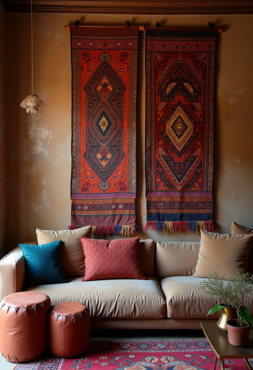 13. Transform your space with cozy living room ideas featuring a beige sofa adorned with colorful pillows and striking red patterned tapestries that add vibrant personality. The warm tones and soft lighting create a calming ambiance perfect for relaxing or entertaining. Looking to bring warmth and style to your home? Pin this cozy setup for effortless inspiration today!
#CozyLivingRoom #ColorfulPillows #RedTapestries #WarmHomeDecor #LivingRoomInspo