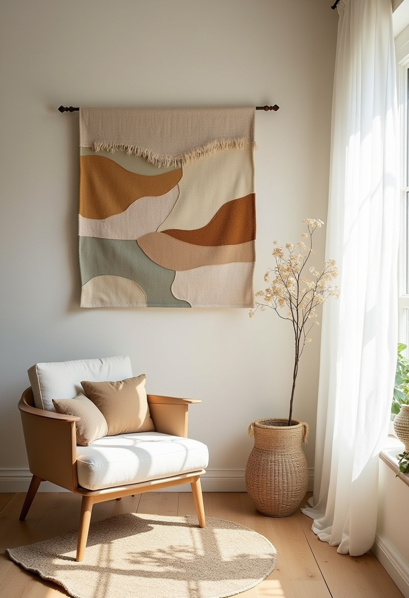 14. Create a cozy room filled with natural warmth by combining a light wooden chair with soft white cushions and brown pillows. The abstract earth-tone tapestry and sunlit plant in a woven basket add texture and calming vibes, perfect for a peaceful, inviting space. Looking for simple ways to bring nature-inspired decor into your home? Pin this cozy setup for effortless style and comfort!
#CozyRoom #EarthToneDecor #WovenBasket #NaturalHomeDecor #CalmingSpaces
