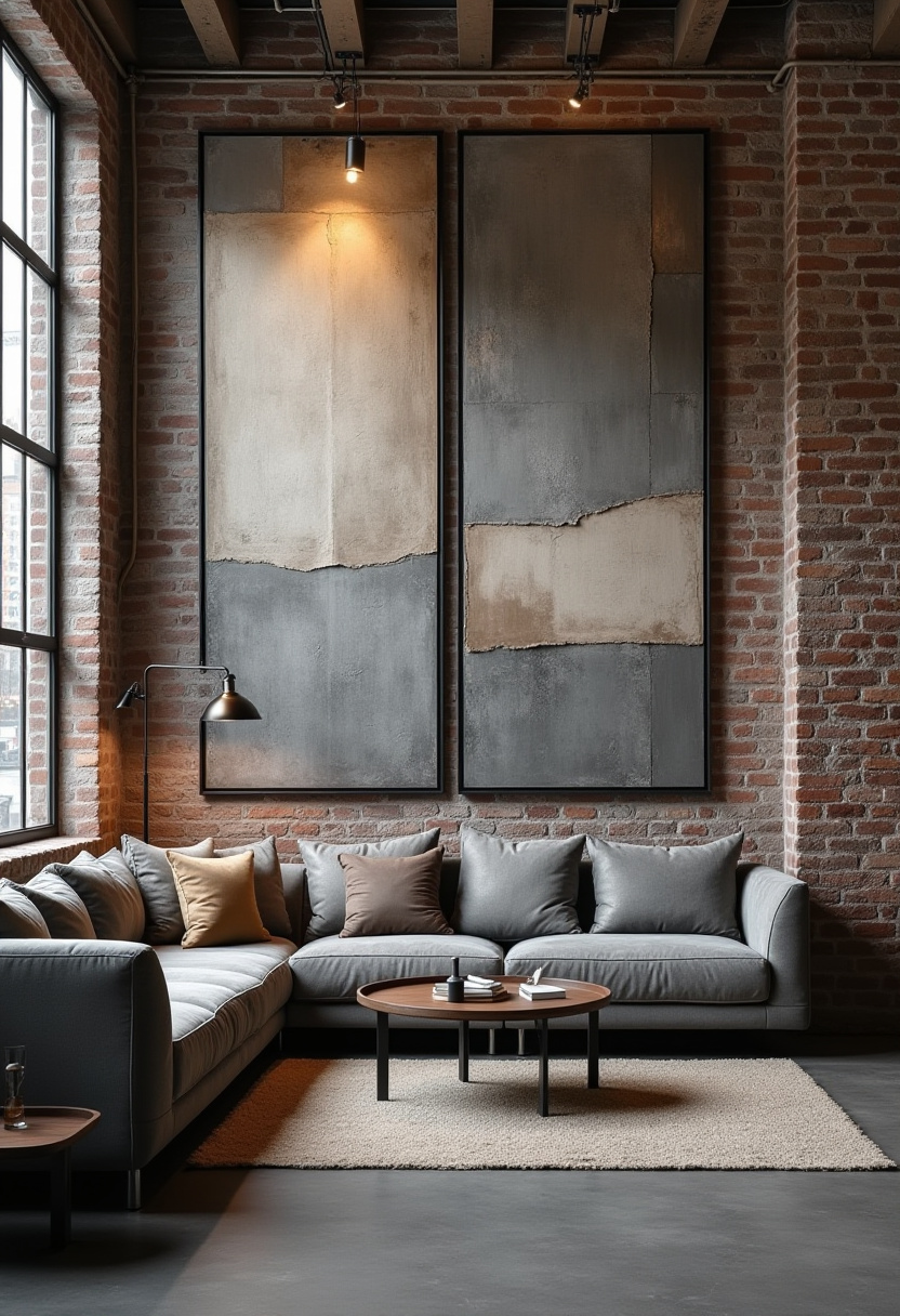17. Bring bold, industrial-style living room inspiration into your home with a sleek grey sectional sofa paired with beige and brown pillows for ultimate comfort. The tall abstract art and exposed brick walls add texture and character, creating a warm and cozy atmosphere perfect for modern urban living. Ready to elevate your space with stylish industrial decor? Pin this look for easy home design ideas!
#IndustrialLivingRoom #GreySectional #ExposedBrickWalls #AbstractArt #CozyHomeDecor #UrbanStyle