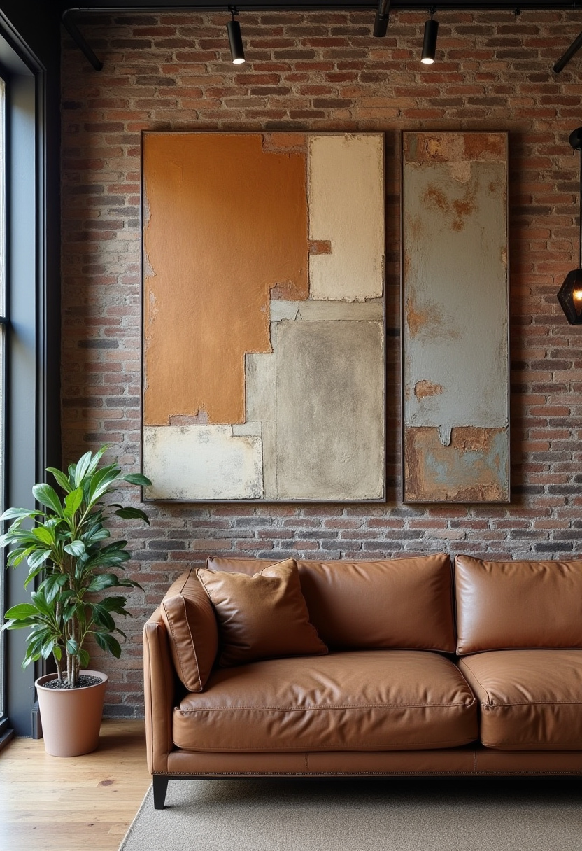 3. Elevate your home’s style with cozy living room ideas featuring a rich brown leather sofa and bold abstract art that perfectly complements a rustic brick wall. This modern yet warm space blends industrial charm with natural greenery for a balanced and inviting atmosphere. If you're looking to add character and comfort to your living area, this design is the perfect inspiration. Pin now to bring this trendy, cozy vibe into your home!
#CozyLivingRoom #BrownLeatherSofa #AbstractArt #BrickWallDecor #ModernHomeIdeas