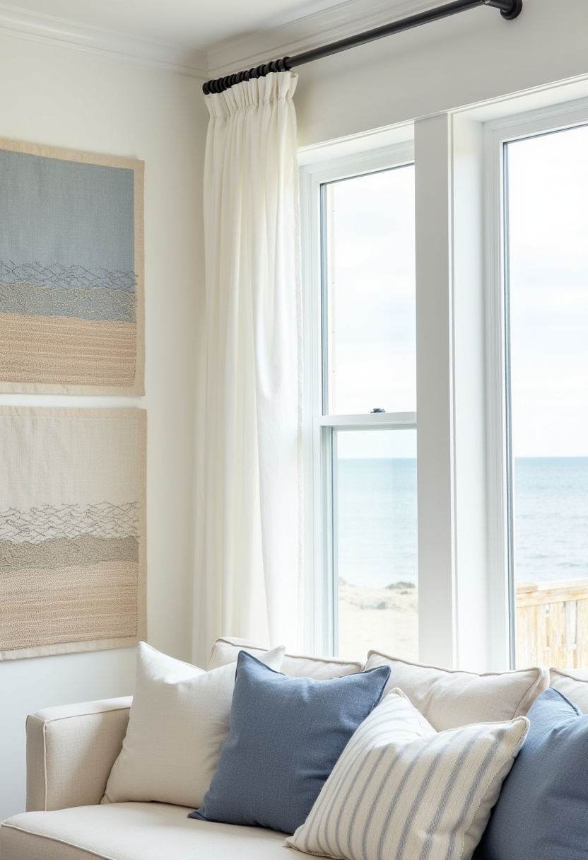 4. Bring the relaxing charm of the beach indoors with cozy coastal living room ideas that highlight a beige sofa paired with blue and white pillows for a fresh, nautical vibe. This serene space features soft lighting and calming decor, perfect for anyone dreaming of ocean-inspired home design and beach house aesthetics. Ready to create your own coastal retreat? Save this pin for easy inspiration to transform your living room into a seaside sanctuary!
#CozyCoastalLivingRoom #BeachHouseDecor #NauticalStyle #CalmingHomeDecor #CoastalVibes
