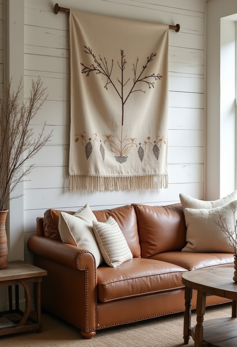 6. Create an inviting and cozy living room with a rich brown leather sofa paired perfectly with soft cream pillows and a beautiful tree-motif wall hanging. This warm-toned space blends natural textures and earthy decor for a relaxing, timeless look that feels both elegant and comfortable. Looking to add cozy charm and subtle sophistication to your home? Pin this idea now for easy inspiration!
#CozyLivingRoom #BrownLeatherSofa #EarthyDecor #TreeWallHanging #WarmHomeVibes