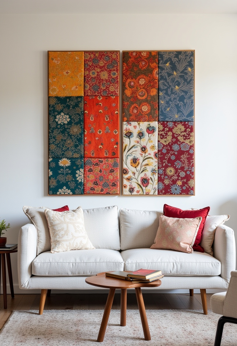 7. Bring cozy living room inspiration to your home with a stylish white sofa adorned with patterned cushions, perfectly placed beneath vibrant patchwork wall art. This inviting space combines colorful decor, a wooden coffee table, and thoughtful details like books to create a warm and welcoming atmosphere. Looking for easy ways to refresh your living room with personality and charm? Pin this cozy setup for your next home makeover!
#CozyLivingRoom #PatchworkArt #WhiteSofaDecor #HomeInspiration #WarmLivingSpace