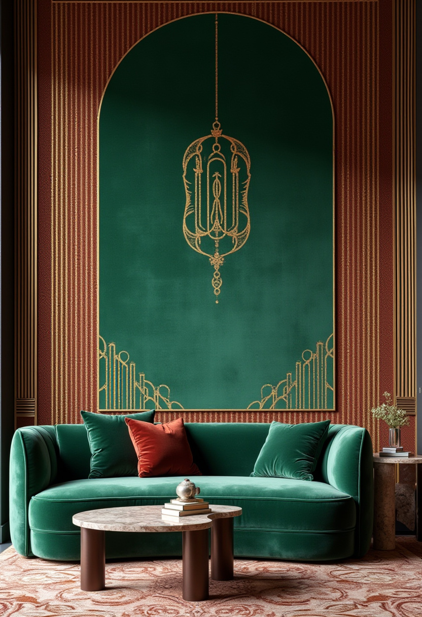 9. Step into timeless elegance with stunning Art Deco room ideas featuring a luxurious green velvet sofa accented by rich red and green pillows. The ornate gold design on the deep green wall adds a bold, sophisticated touch that perfectly captures the glamour of this iconic style. If you love dramatic decor and vintage charm, this look is sure to inspire your next home update. Pin this chic Art Deco inspiration to elevate your space today!
#ArtDecoDecor #GreenVelvetSofa #ElegantInteriors #VintageHomeStyle #BoldHomeDesign