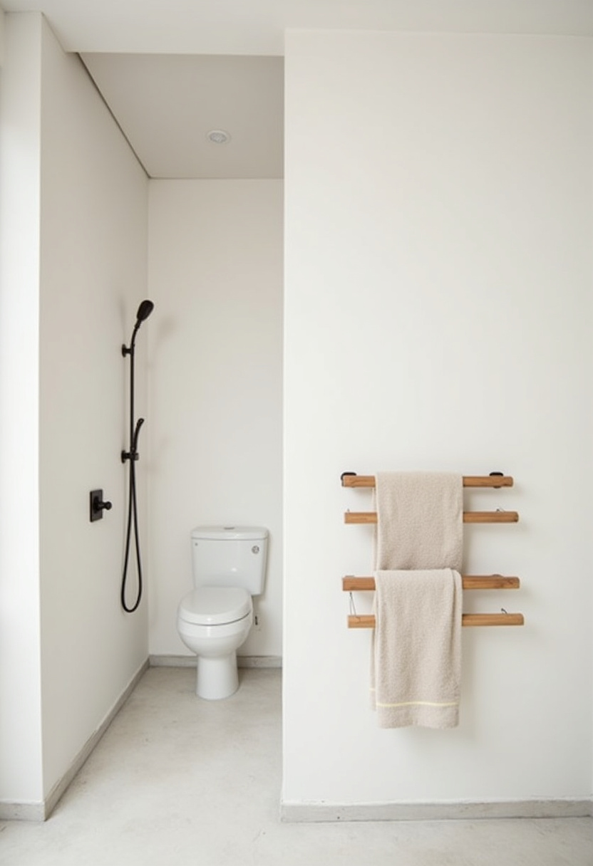 Modern minimalism defines this space, where beige towels hang neatly on wood racks. A sleek white toilet and black shower add contrast and style.
#MinimalBathroom #WoodTowelRack #NeutralBathroomDecor #ModernShower #CleanBathroomLook